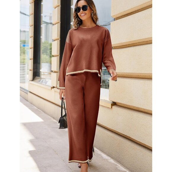 Women's Rust Long Sleeve Knit Sweater Top & Wide Leg Pants Lounge Set - Picture 3 of 6